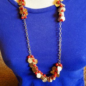 28" Long Gold Tone Disc and Bead Cluster Necklace